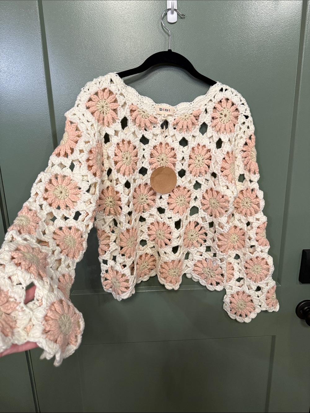 BiBi Open-Knit Crochet Floral Sweater in Cream & Blush